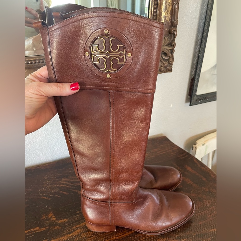 Genuine Leather Upper Warm Brown Zip Riding Knee-High Boots Size 6.5